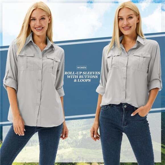 Womens Safari Shirts Long Sleeve UV Protection Hiking Fishing UPF - Picture 4 of 7